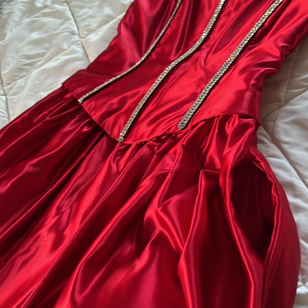 Vintage Fiery Red Corset Formal Ball Gown Rhinestones Embellished Bodice Small - Picture 14 of 15
